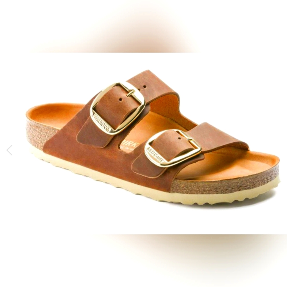 Birkenstock Brown Gold Buvkle Arizona Sandals Comfortable Double-Strapn